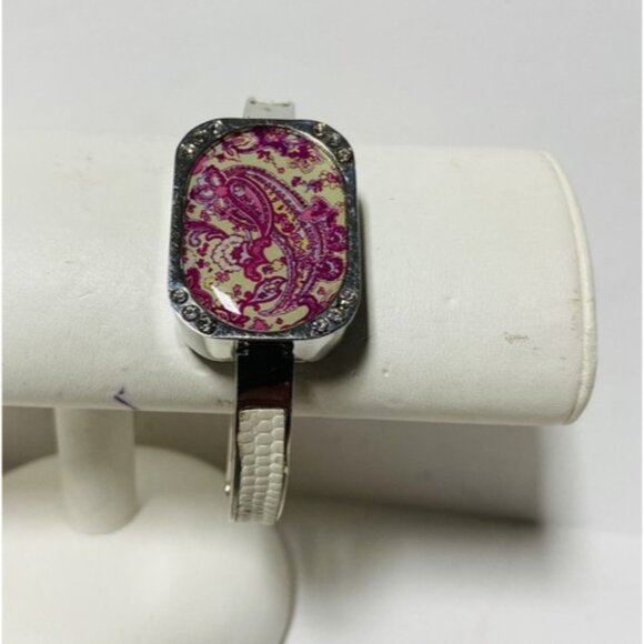 Y2K Statement Bracelet Silver-tone Rectangle Pink White Paisley Floral Butterfly - Picture 2 of 10